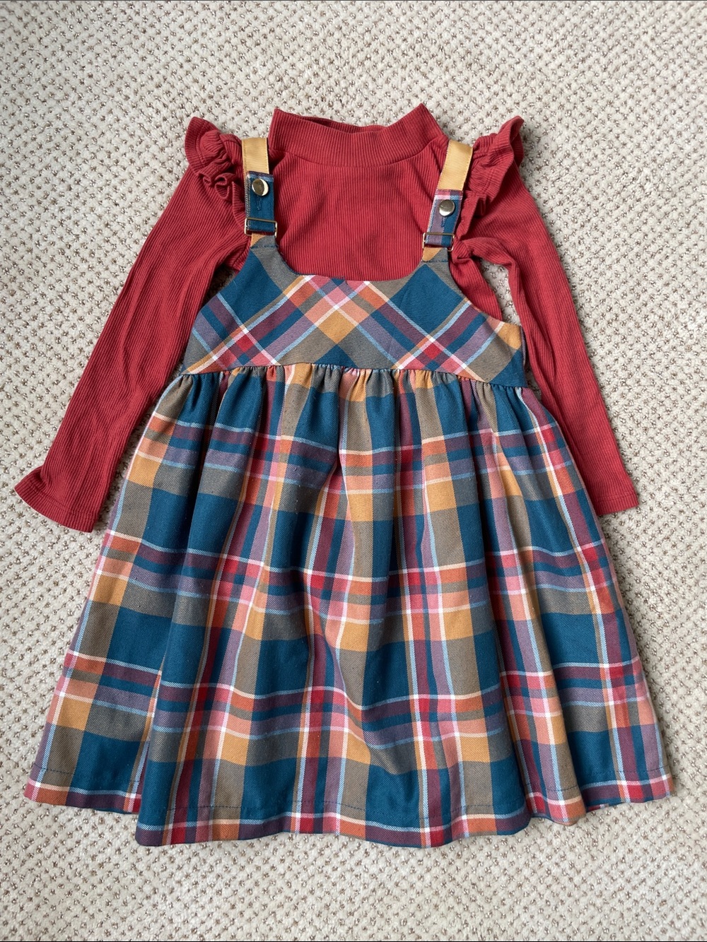 Girls' Ruffle-Sleeve Top with Blue Plaid Pinafore Dress